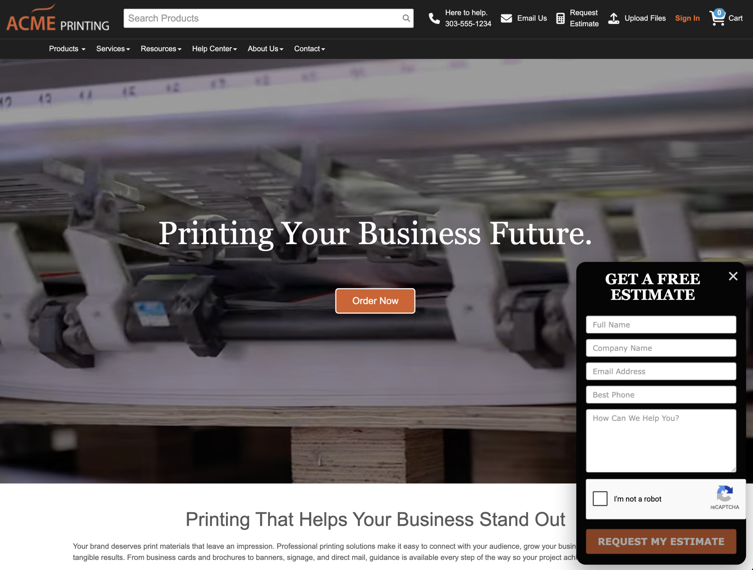 Acme Printing sample website with customer estimate tools